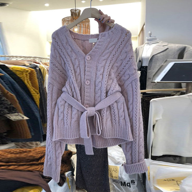 Knitted women's jacket with waist belt and embossed pattern Lune London