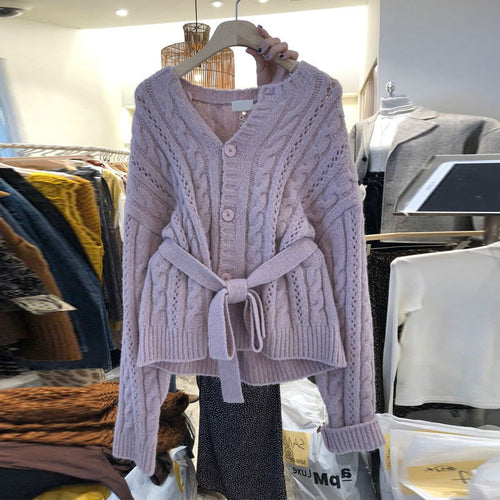 Knitted women's jacket with waist belt and embossed pattern Lune London