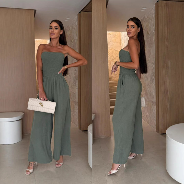 Ladies Smocked Wide Leg Jumpsuit Lune London