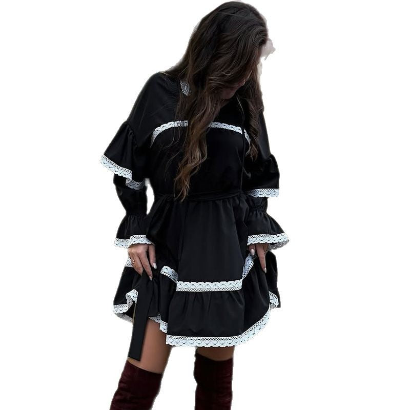 Ladies elegant dress with ruffles and lace embellishments Lune London