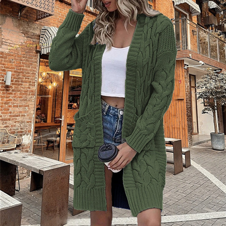 Ladies chunky knit cardigan with deep pockets and elaborate braids design Lune London
