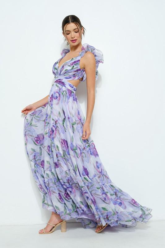 Women's maxi dress with floral ruffles and swinging design