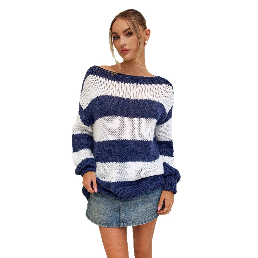 Ladies Oversized Knitted Sweater with Chic Maritime Stripes and Style
