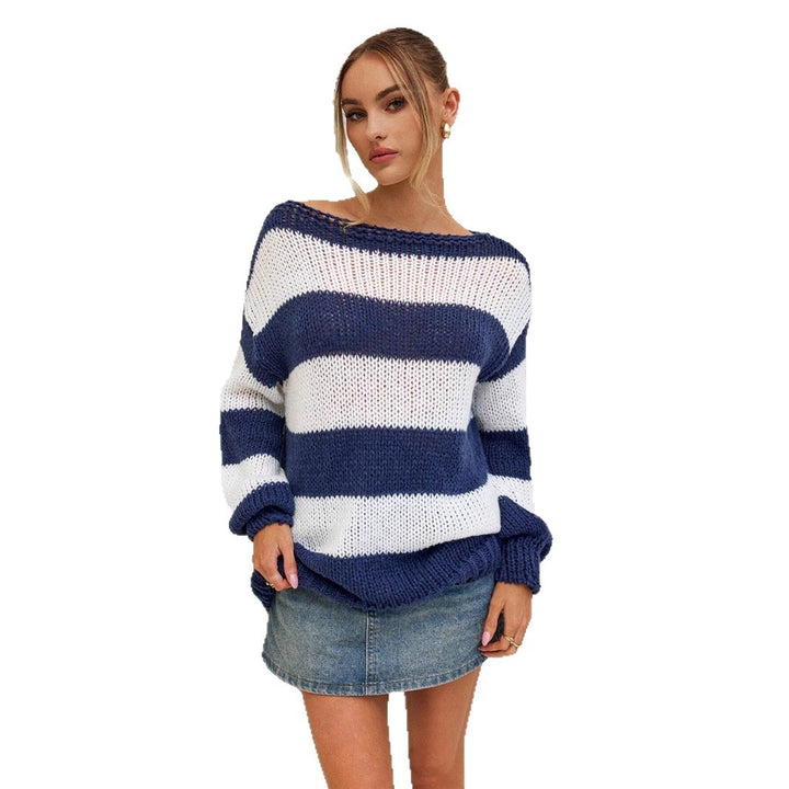 Ladies Oversized Knitted Sweater with Chic Maritime Stripes and Style
