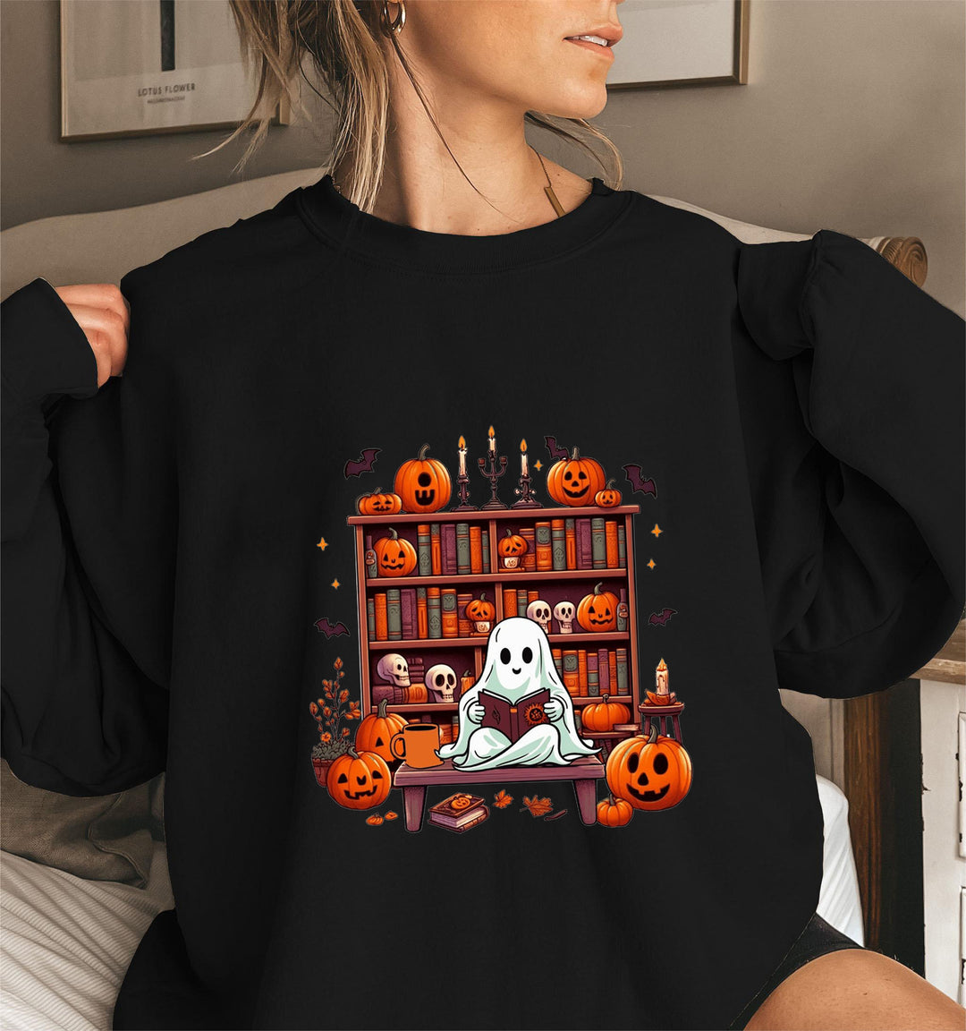 Sweat-shirt femme avec motif automnal effrayant et manches bouffantes décontractées Chic & Stil