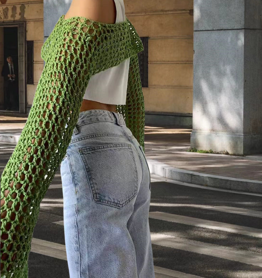 Crochet tank top for women with open stitches and wide sleeves Lune London