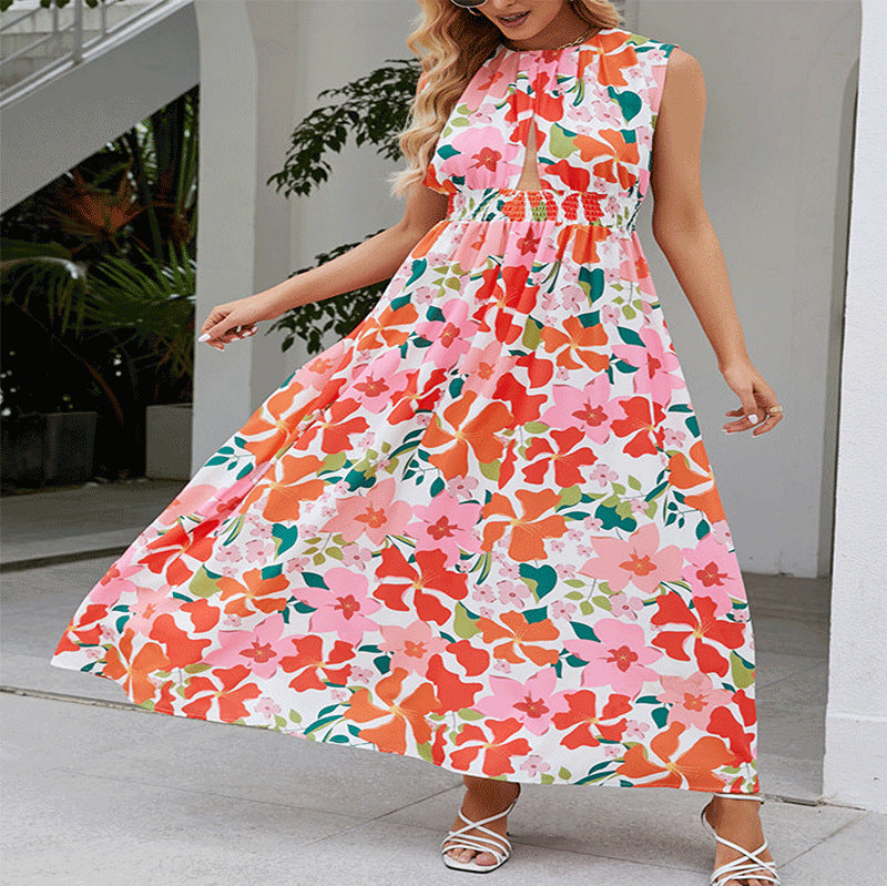 Maxi dress for women with floral design and elastic belt Lune London