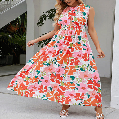 Maxi dress for women with floral design and elastic belt Lune London