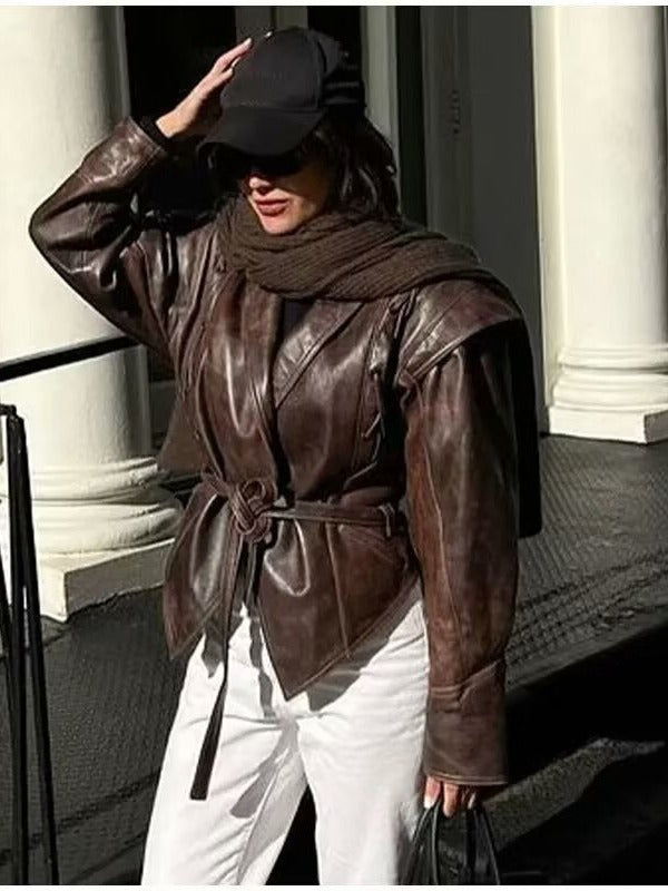 Fitted faux leather jacket for women with playful lace-up detail Lune London