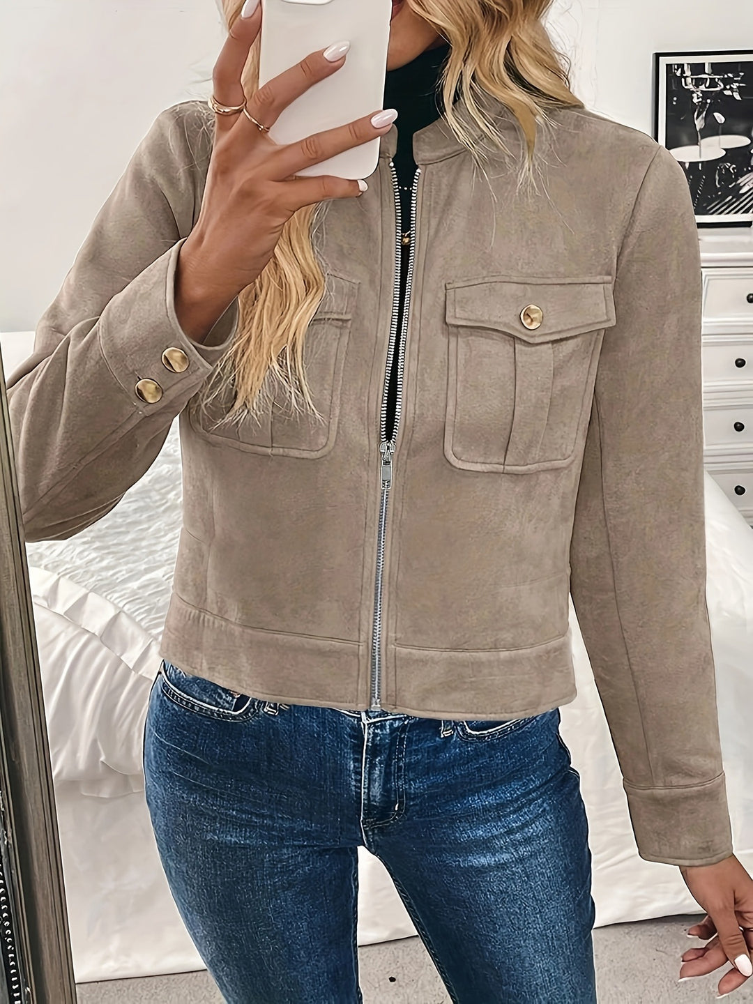 Ladies Short Fashion Jacket in Soft Suede Look with Practical Pockets Lune London