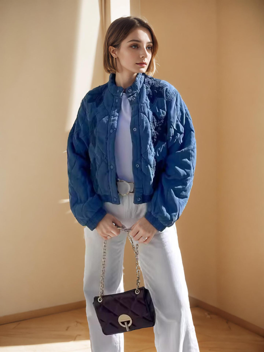 Quilted transition jacket for women with embroidered floral design Lune London