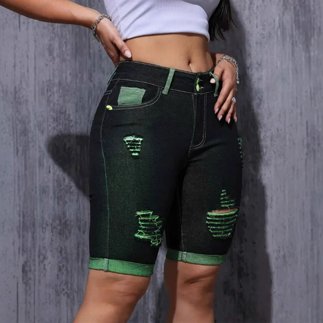 Women's Destroyed Denim Shorts with Eye-catching Accents and High Waist