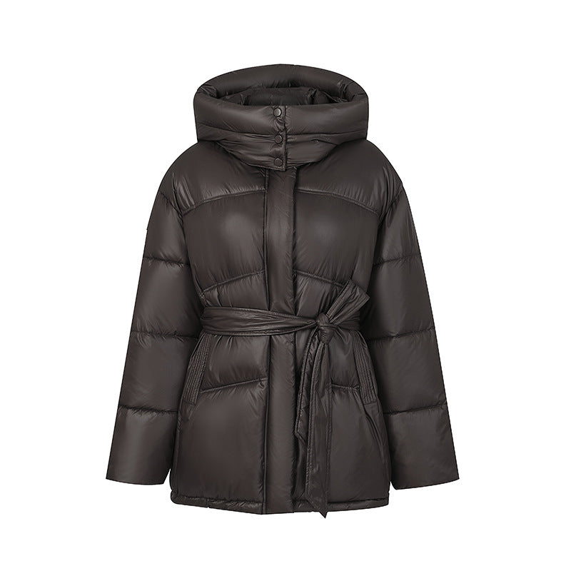 Quilted winter coat fashion for women with belt and hood Lune London