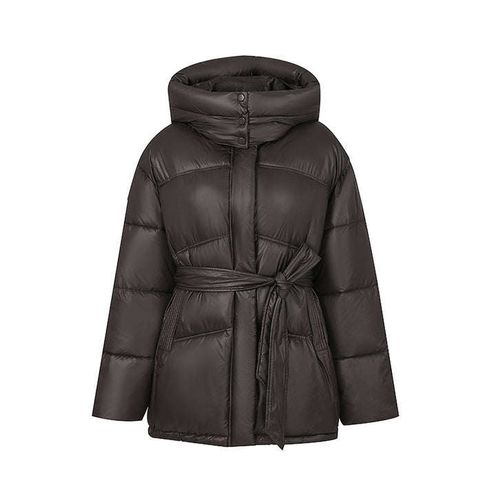 Quilted winter coat fashion for women with belt and hood Lune London