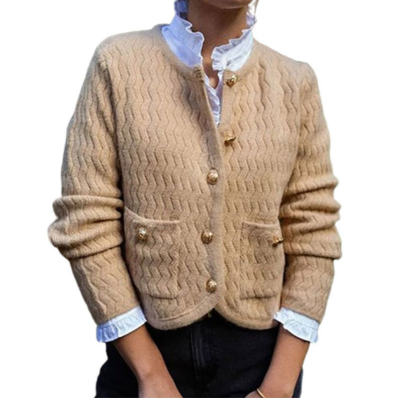 Ladies cardigan with structured check pattern and decorative buttons Lune London