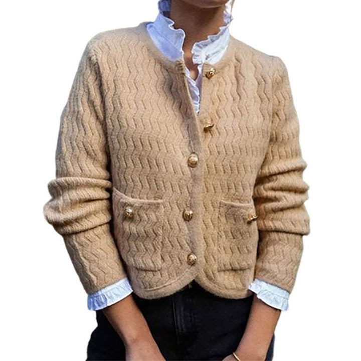 Ladies cardigan with structured check pattern and decorative buttons Lune London