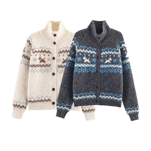 Knitted jacket for women with traditional pattern and high collar Lune London