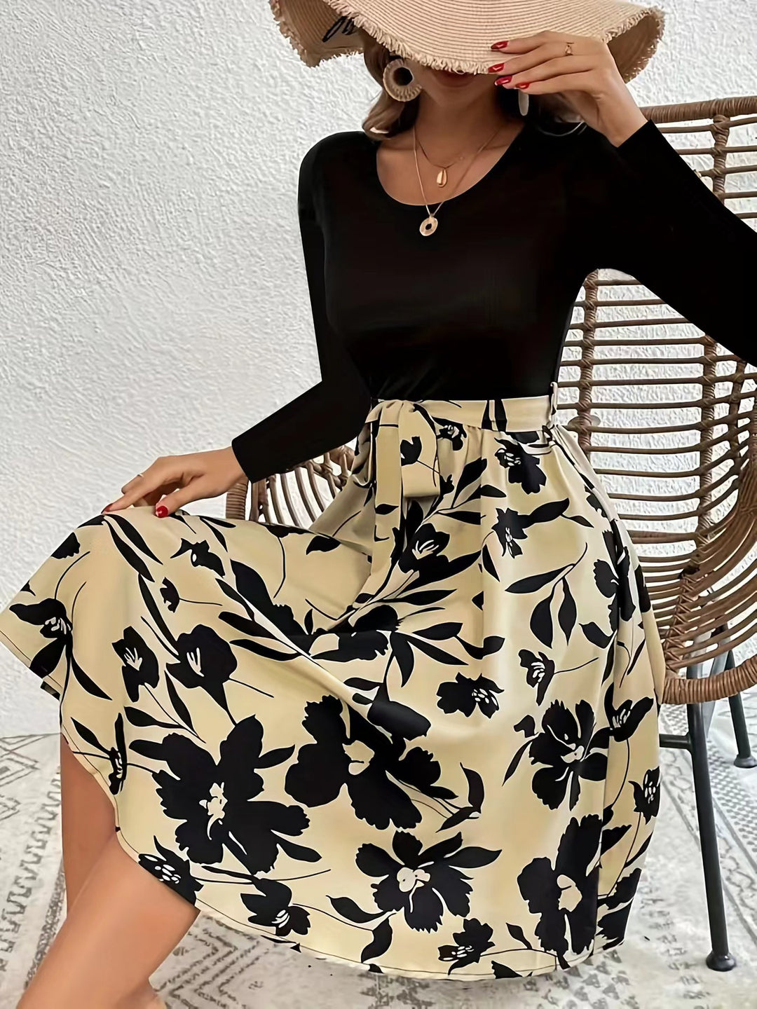 Ladies Elegant Midi Dress with Floral Print and Smocked Top Lune London