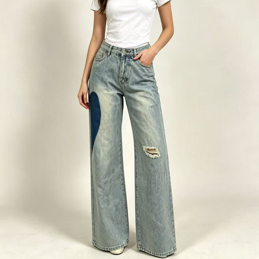 Women wide-cut denim jeans with unique color accents Lune London