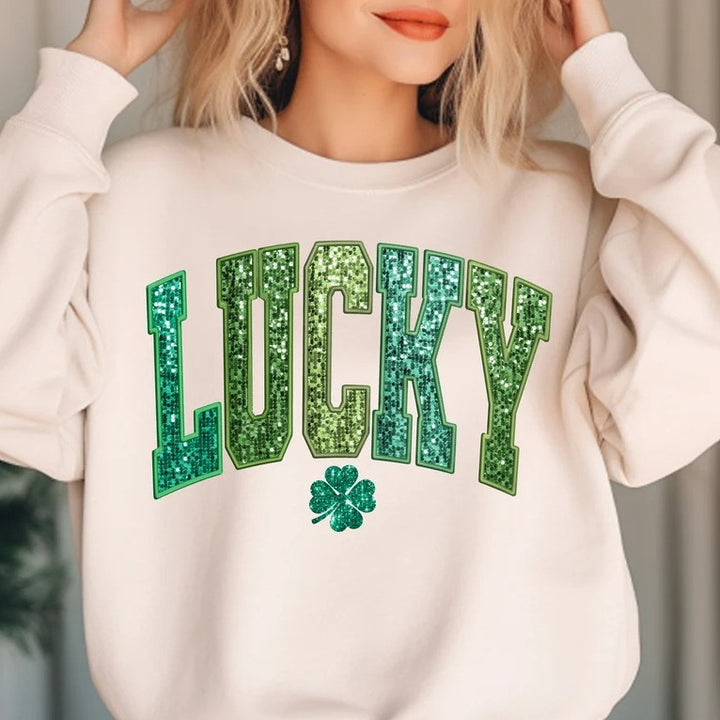 Sweatshirt décontracté pour femmes avec lettrage étincelant et motif de trèfle Chic & Stil