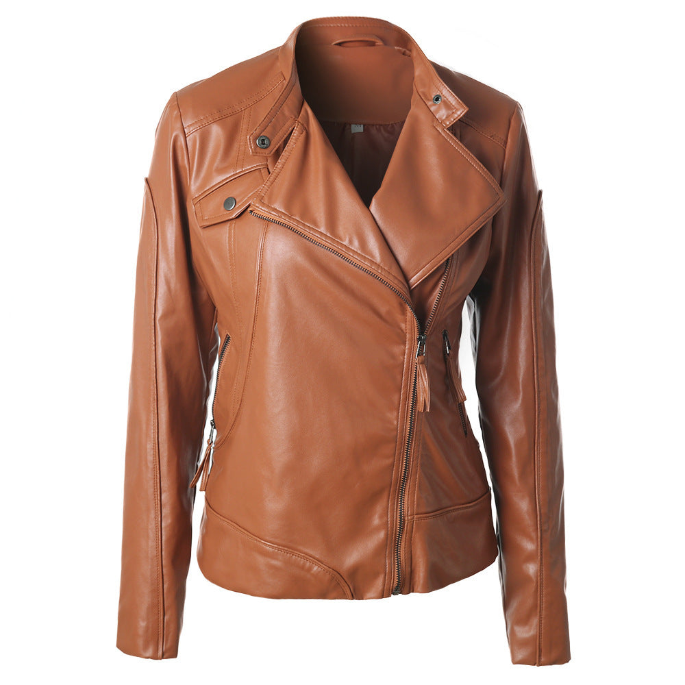 Fashionable synthetic leather jacket for women with asymmetrical zipper and high collar Lune London