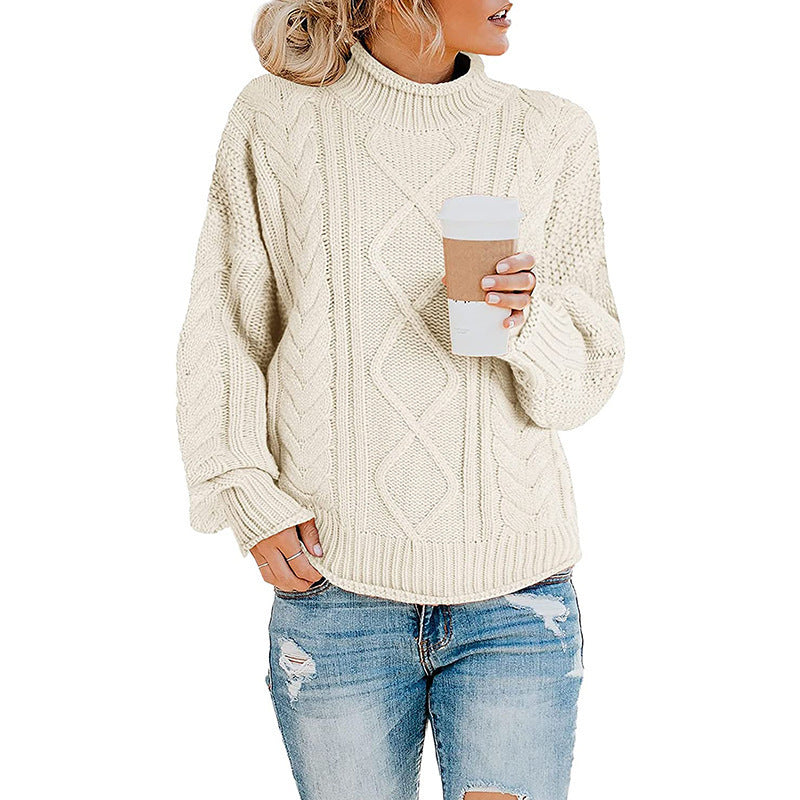 Women's knitted sweater with high collar and decorative braiding pattern Lune London