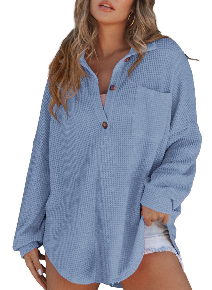 Casual waffle knit sweater for women with button placket and chest pocket Lune London