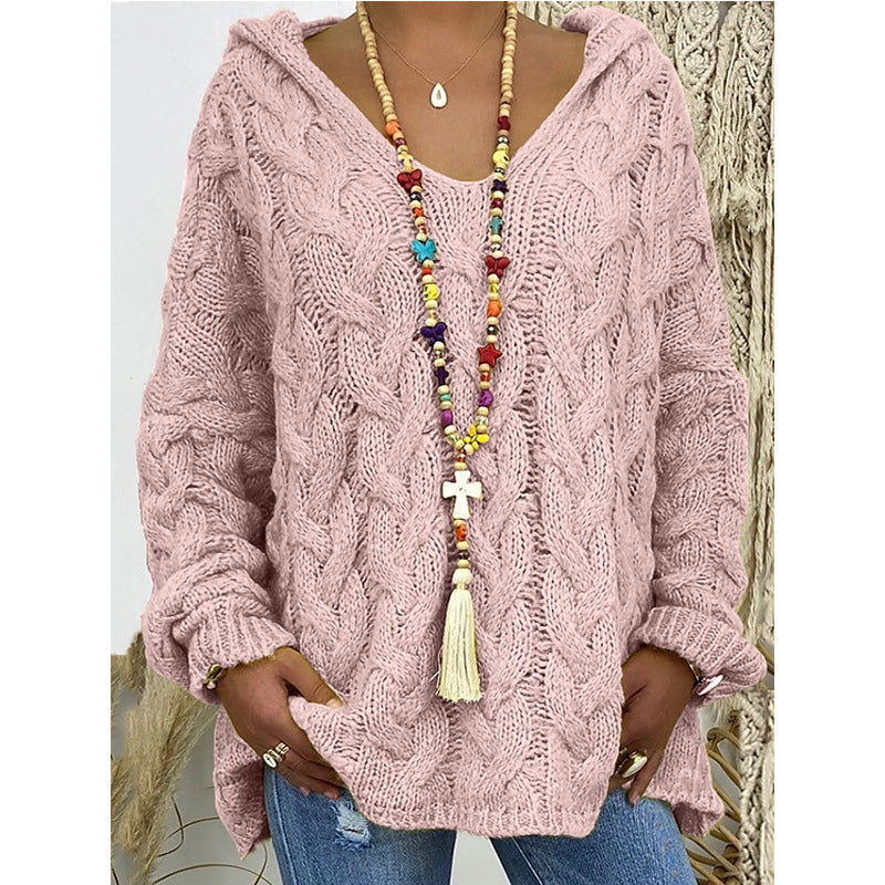 Ladies hoodie in chunky knit with V-neck and decorative cord Lune London