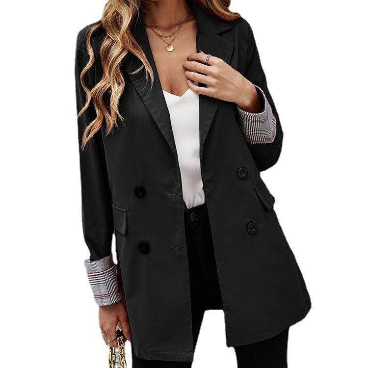 Women Elegant Double-Breasted Blazer with Chic Checkered Detail and Style