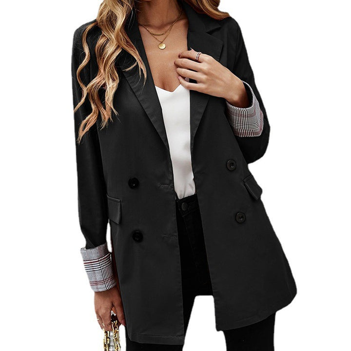 Women Elegant Double-Breasted Blazer with Chic Checkered Detail and Style