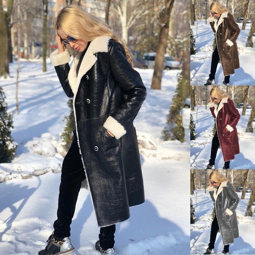 Elegant long coat for women with high-quality lamb collar and double row of buttons Lune London