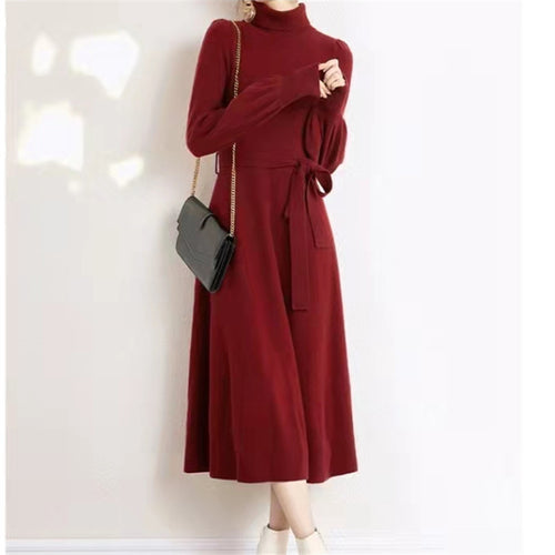 Knitted dress for women with high collar and belt at the waist Lune London