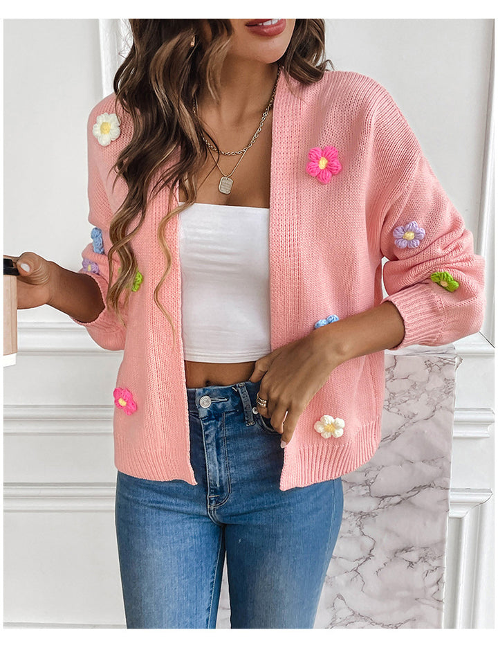Ladies casual knitted cardigan with colorful flower appliqués Lune London