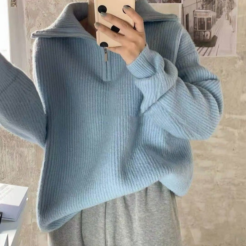 Knit sweater for women with high collar and half-zip Lune London