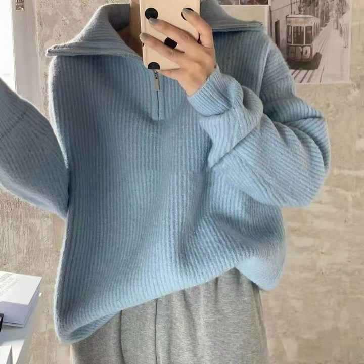 Knit sweater for women with high collar and half-zip Lune London