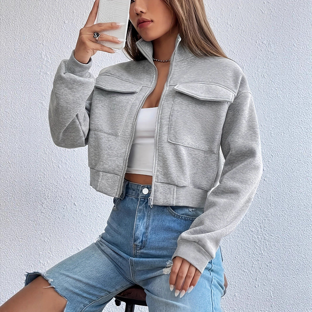 Cropped leisure jacket for women with practical chest pockets and elastic hem Lune London