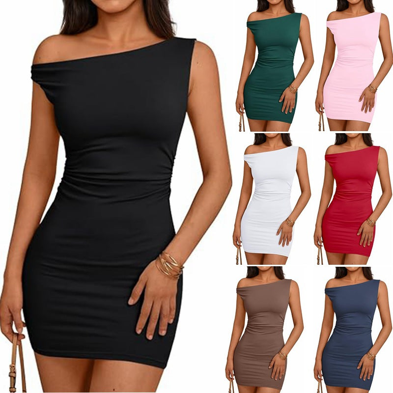 Fitted dress for women with asymmetric neckline and ruching Lune London
