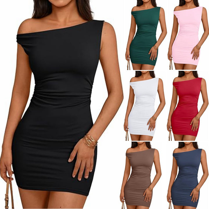 Fitted dress for women with asymmetric neckline and ruching Lune London