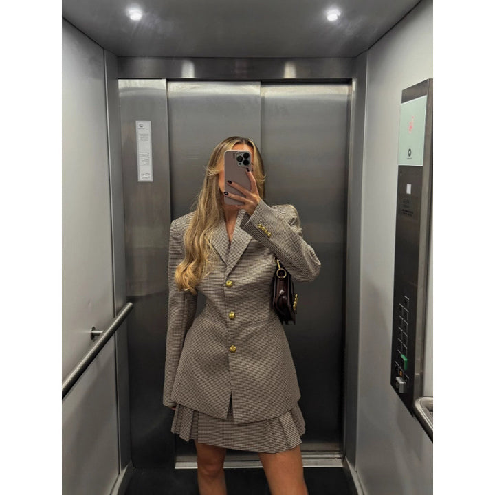 Ladies Elegant Checked Blazer Jacket with Textured Design Lune London