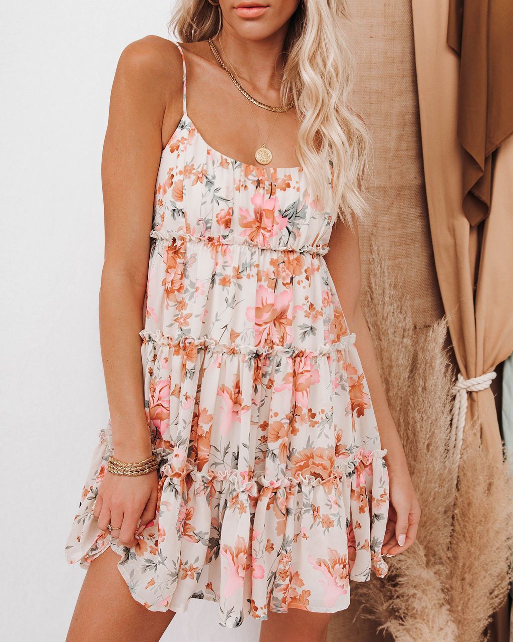 Ladies summer ruffled dress with floral accents and adjustable spaghetti straps Lune London