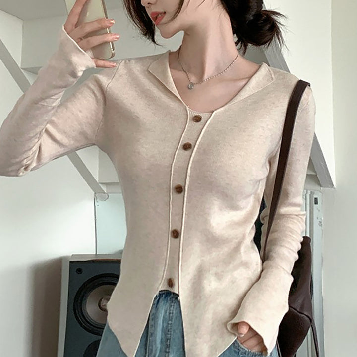 Women's Long Sleeve Cardigan with Button Placket and Fine Knit