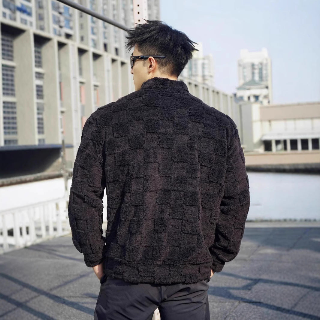 Men's fleece pullover with structured surface texture and high collar Lune London