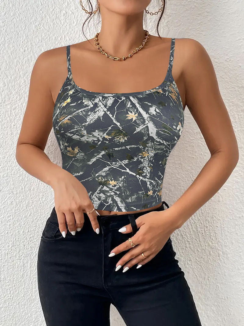 Women’s Crop Top with trendy camouflage pattern and thin spaghetti straps Lune London