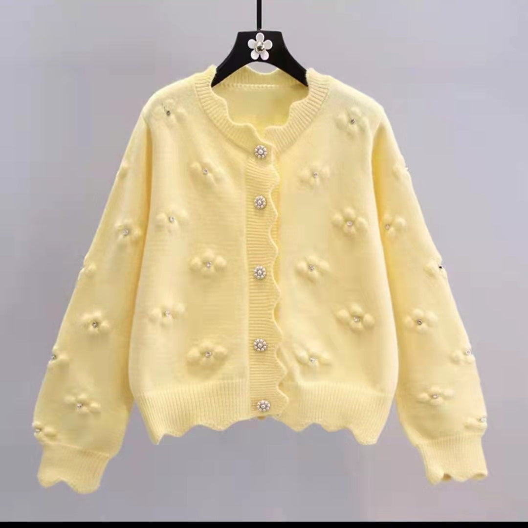 Ladies Loose Knit Vest with Floral Applications and Pearl Buttons Lune London