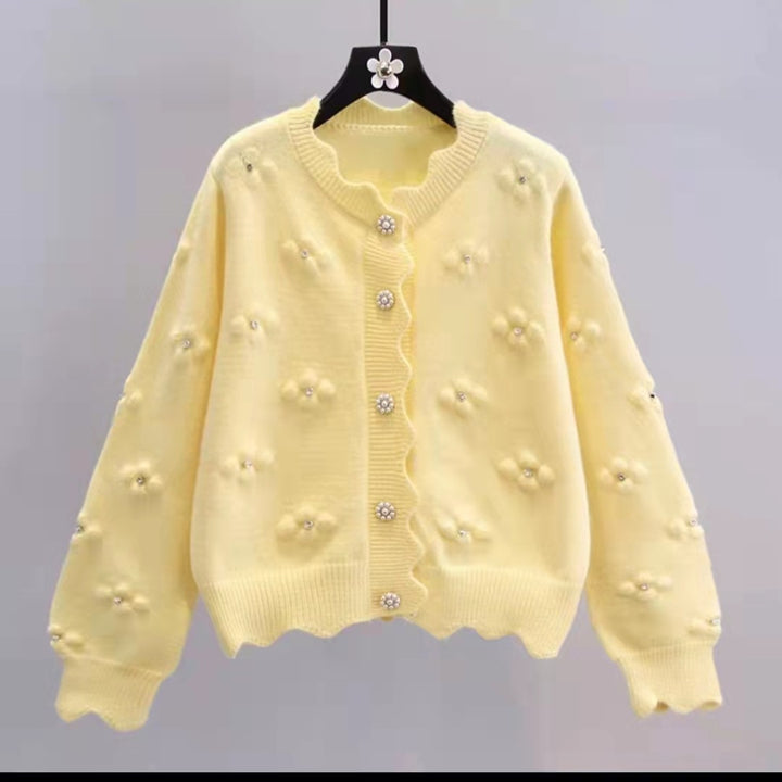 Ladies Loose Knit Vest with Floral Applications and Pearl Buttons Lune London