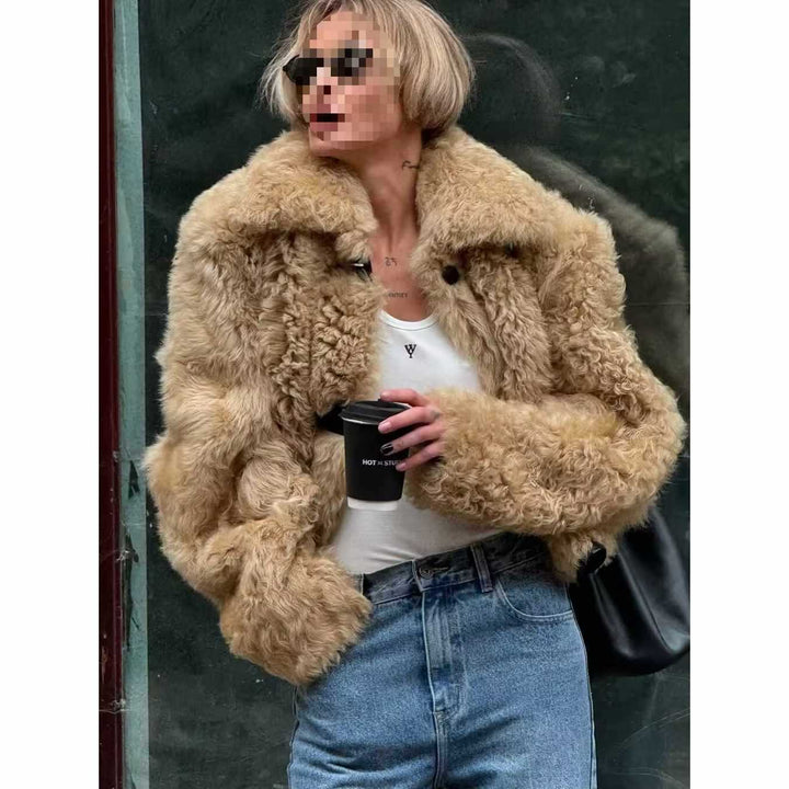 Ladies faux fur jacket with a casual design featuring large buttons Lune London
