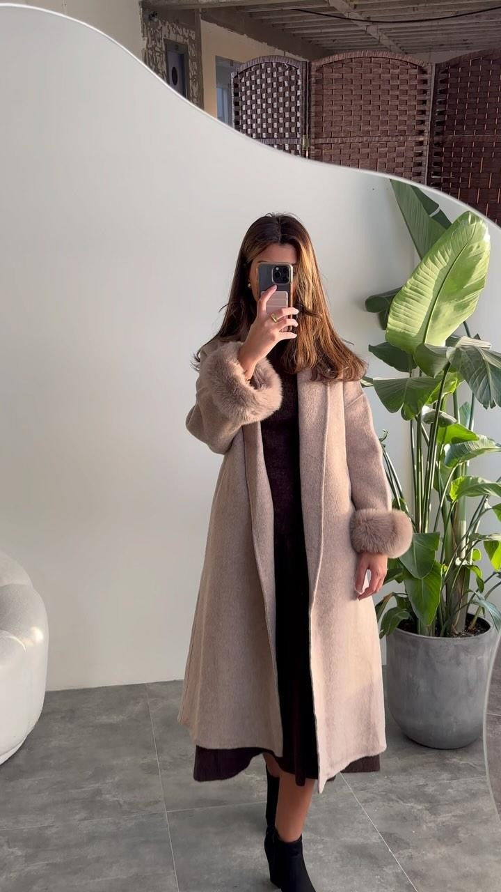 Ladies Elegant Long Coat with Removable Fur Sleeves Lune London