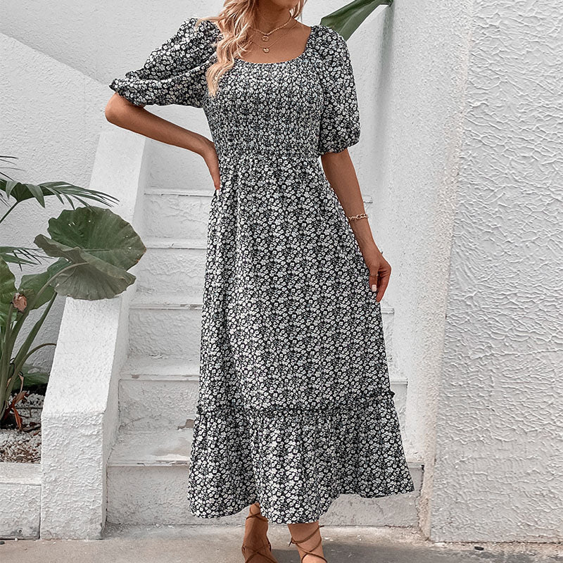 Maxi dress for women with floral print and crossed back detail Lune London