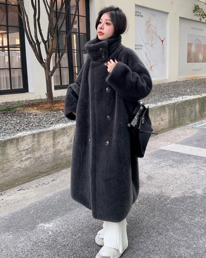 Lune London | Collar Double Breasted Faux Mink Fur Long Coat