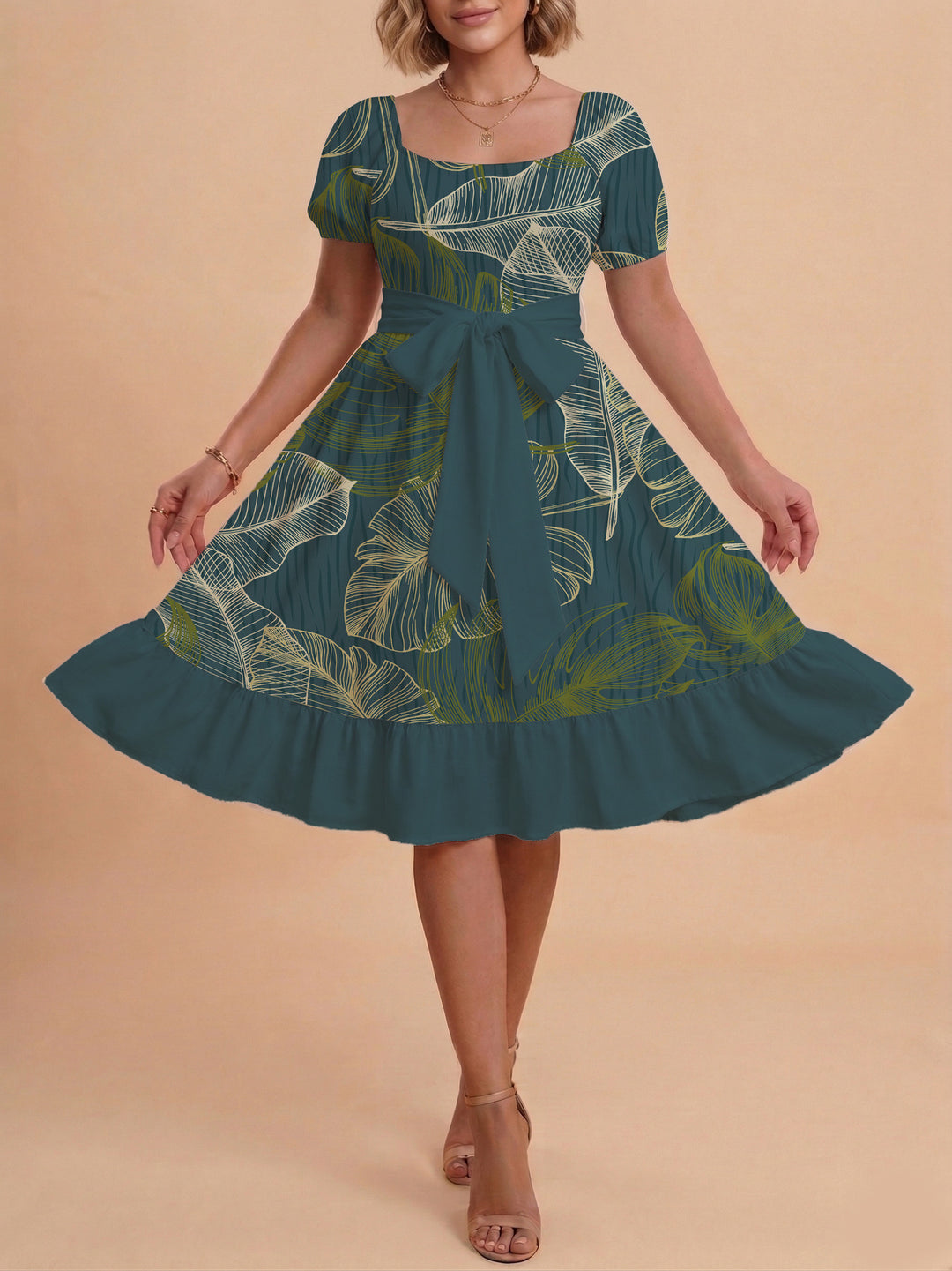 Women A-line dress with floral motifs and adjustable belt Lune London